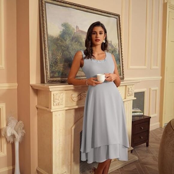 NWT Grace Karin Sequin Detail Layered Chiffon Jacket Dress Set Silver Gray 12 - Picture 5 of 16